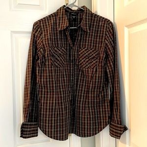 MODA international, large, brown plaid button up shirt